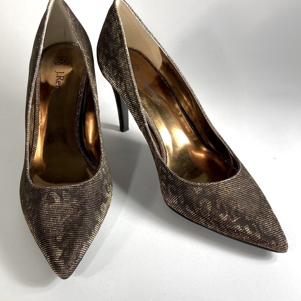 J Reneé Pump 3.75" Heel in Metallic Bronze Textile with Gold Shimmer 11M EUC